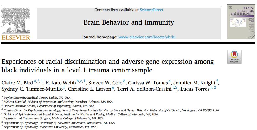 Among Black trauma survivors, exposure to racial discrimination (RD) predicts future PTSD symptoms. In a new @BrainBehavImm paper, we investigated whether alterations to pro-inflammatory and antiviral transcription control pathways helped explain this association.