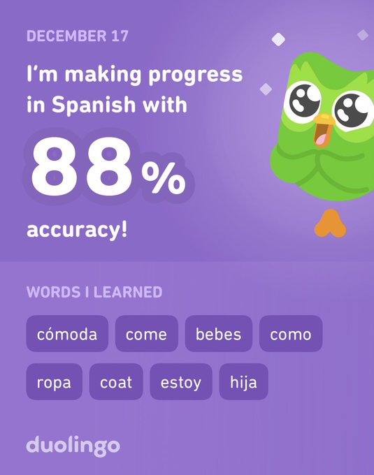 I&rsquo;m learning Spanish on Duolingo! It&rsquo;s free, fun, and effective. https://t.co/nQONtlu01J