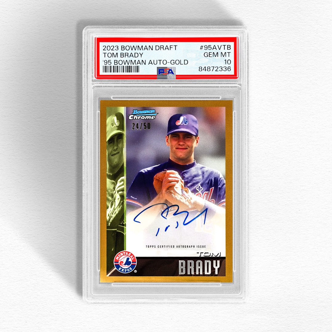 𝙅𝙐𝙎𝙏 𝙂𝙍𝘼𝘿𝙀𝘿 🔥

The signature on the throwback design both strike gold on this Tom Brady Dream Draft Pick card.

This is the first copy of this sought-after, /50 chase from 2023 Bowman Draft to be authenticated and graded by PSA.
