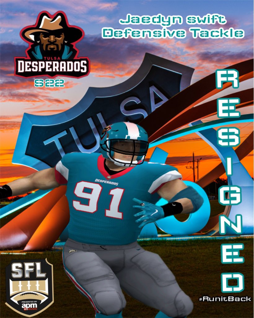 LexMiners_SFL's tweet image. Bolstering the defense! 💪 Defensive Tackle Jaedyn Swift is set to dominate Season 22 with the Tulsa Desperados. Get ready for relentless tackles and quarterback disruptions! 🏈 #RunitBack #TulsaDesperados #SwiftImpact