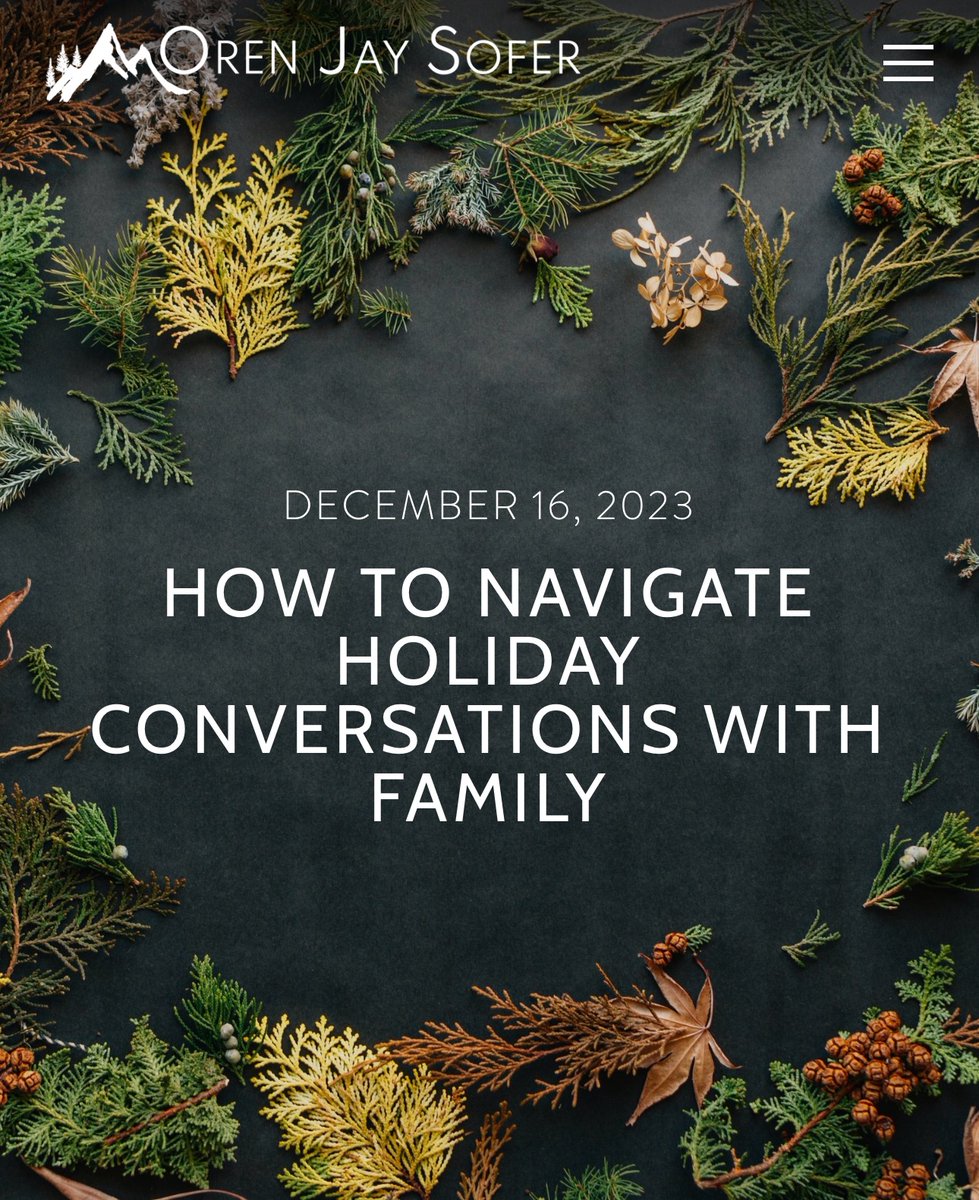 The holidays bring a range of emotions— joy, celebration, stress, loneliness... With so much pain in our world, many feel anxious about conversations with family. My latest post offers tips on how to navigate those tense family conversations. orenjaysofer.com/blog/2023-holi…