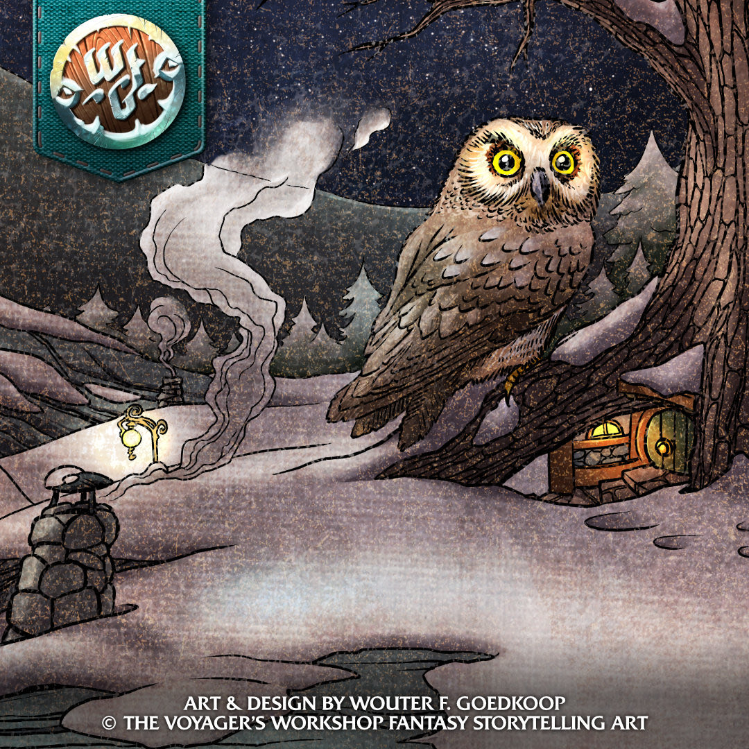An owl watching over… what? You will find out as I reveal this year’s holiday card from the Voyager’s Workshop this coming week! 

#fantasyart #holidaycards #ttrpg #handdrawn #illustration #noai #worldbuildingart #owl #christmas #seasonsgreetings
