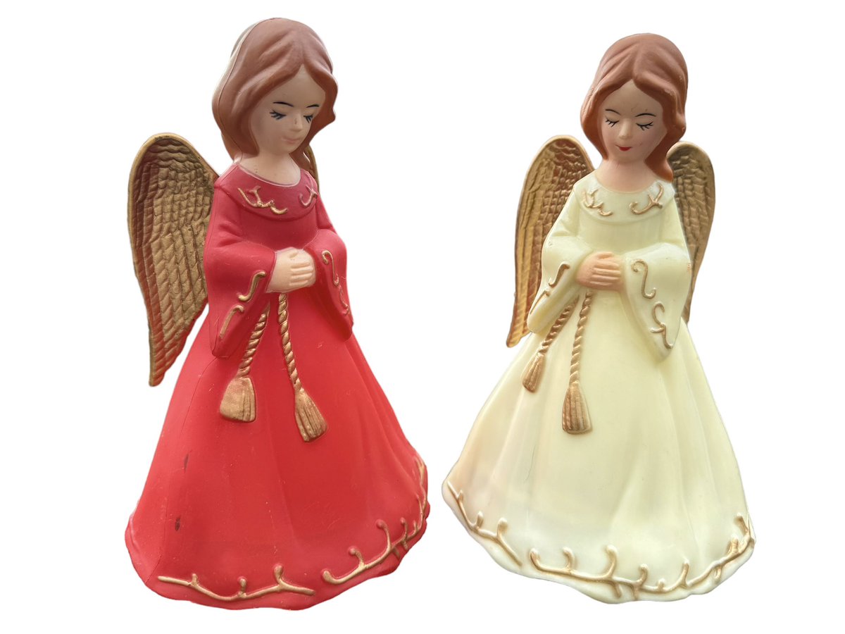 Two Vintage 1930’s/1940’s Red and Cream Colored, Celluloid Christmas Tree Topper Angels with Gold Trim around each Long Flowing Dress or Display Pieces just Listed in Etsy Store. 

Follow Etsy Link in Bio: #treetopper  #christmaslights #christmastreetopper #christmasdecor