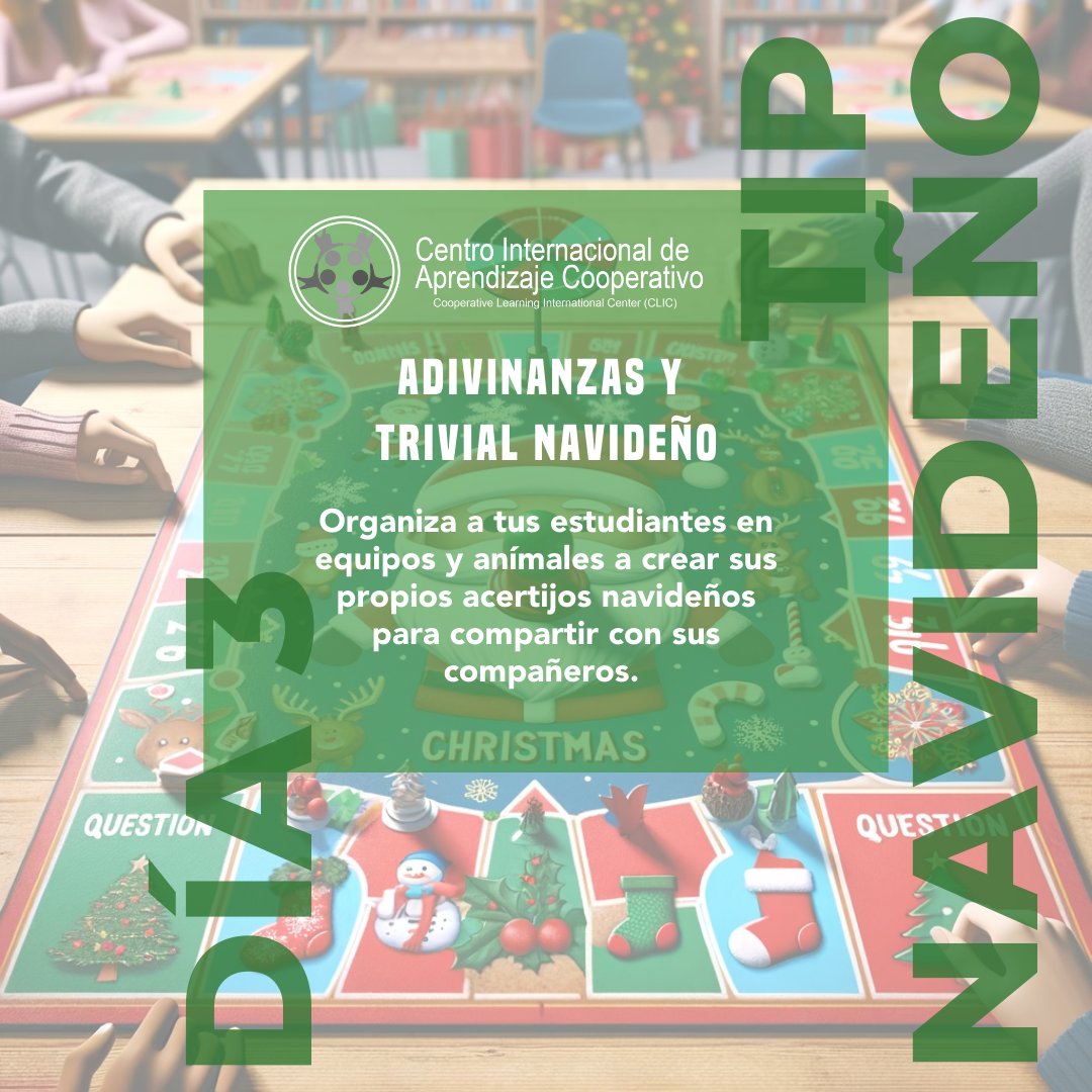 ¡Día 3 de navidad en clase! Lanza acertijos en equipos y observa cómo se divierten aprendiendo juntos. 🧩✨

Comparte los acertijos más ingeniosos aquí con #NavidadAulaCooperativa.

🎭 ¡Juegos y aprendizaje van de la mano! 📚🔍 #AdivinanzasNavideñas #AprendizajeCooperativo