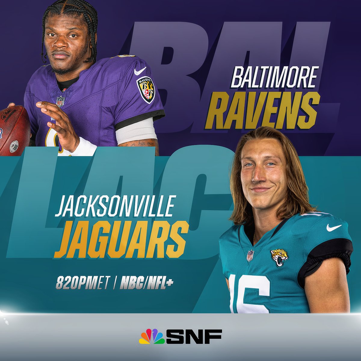 NFLFootballOps's tweet photo. The @Ravens head south to face the @Jaguars in this huge AFC clash.
#RavensFlock | #DUUUVAL
📺: #BALvsJAC— 8:20 p.m. ET on NBC/Universo
📱: Stream on #NFLPlus https://t.co/9S4wrXyIa6