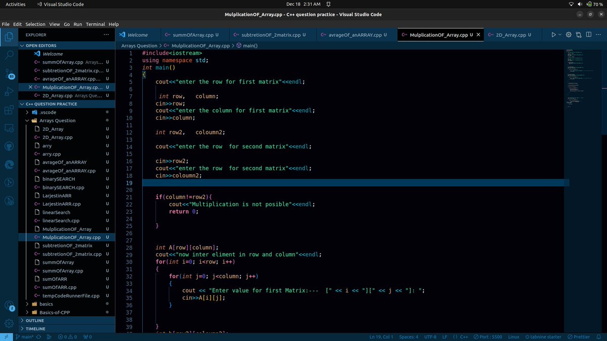 Amanc77's tweet image. Day44/100 of #100DaysOfCode
today i learned these topic in C++
✅ nested for loop
✅ declaration of 2D Array
✅ all type of pattern printing
✅ addition and subtraction of two array
✅ multiplication of two array
#nightcoding #developers #Programing