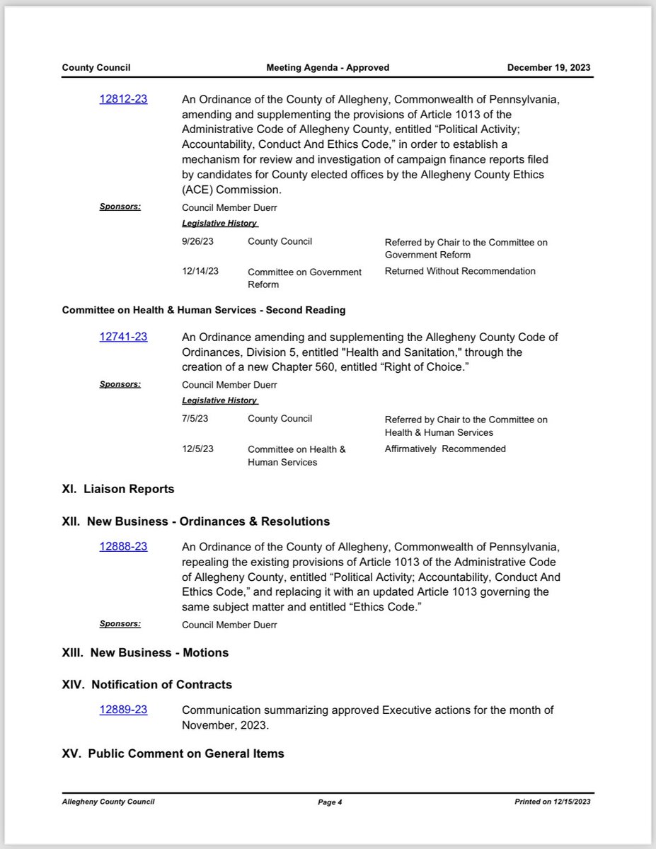 Next Tuesday, County Council will hold its final meeting of 2023. Excited to see three of my pieces of legislation on the agenda - looking forward to hopefully finishing those up before the end of the year! 

alleghenycounty.legistar.com/MeetingDetail.…