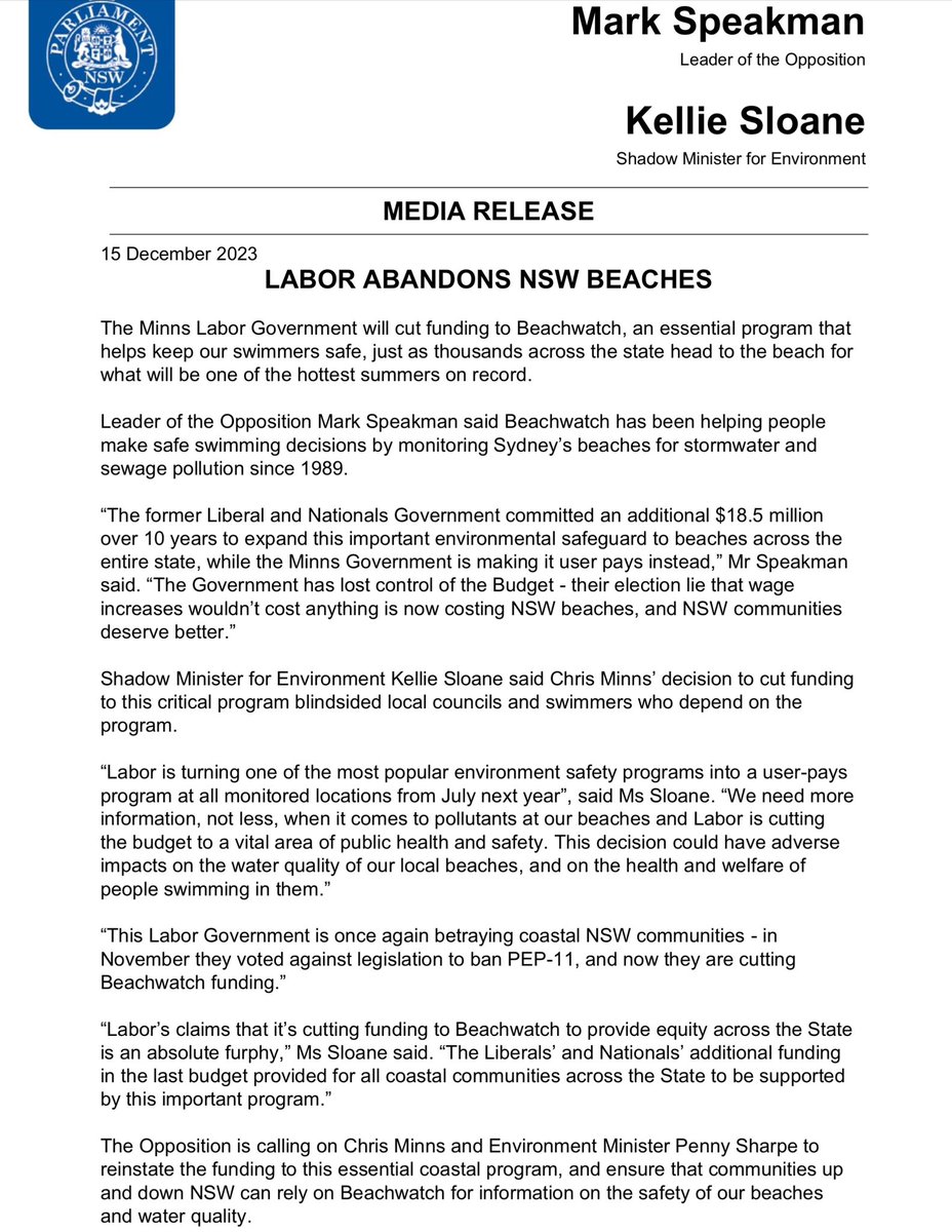 The Minns Labor Government will cut funding to Beachwatch, which has monitored Sydney beaches pollution since 1989. The former Liberals and Nationals Government committed an extra $18.5 million over 10 years to expand Beachwatch to beaches across the entire state.