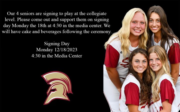 Tomorrow, all 4 of our softball seniors are signing athletic scholarships to play at the collegiate level! Come out to support at 4:30 in the media center!! Congrats ladies! Ellie Settle, Taylor Daniel, Izzy Carlisle, Alison Moore