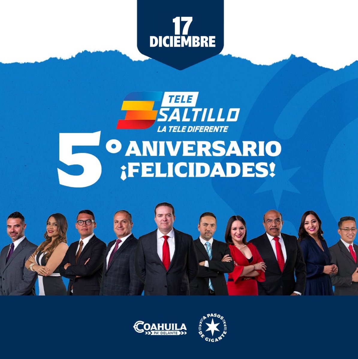 Muchas felicidades a mis amigos de <a href="/TeleSaltillo/">Tele Saltillo</a> por sus cinco años de ser uno de los medios de comunicación líderes. ¡Enhorabuena, que vengan más éxitos! #CoahuilaPaDelante #APasosDeGigante