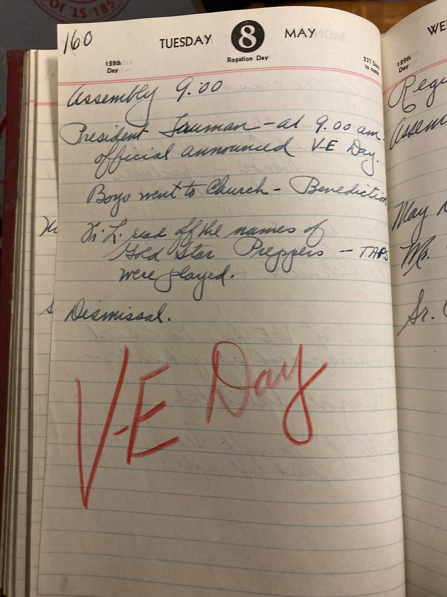 MrVaccaro1's tweet image. More @sjprep history finds: school diary for 1945, obvious to see the excitement and gratitude when the official word of VE day arrived on May 8th and the school went to the Gesu church for benediction.  Many alumni had been lost in Europe and students had to have been anxious
