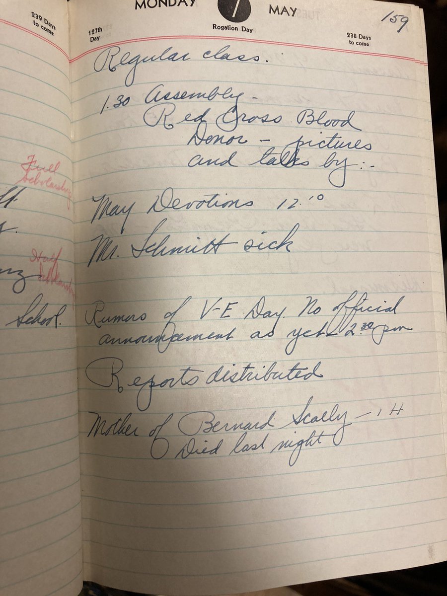 MrVaccaro1's tweet image. More @sjprep history finds: school diary for 1945, obvious to see the excitement and gratitude when the official word of VE day arrived on May 8th and the school went to the Gesu church for benediction.  Many alumni had been lost in Europe and students had to have been anxious