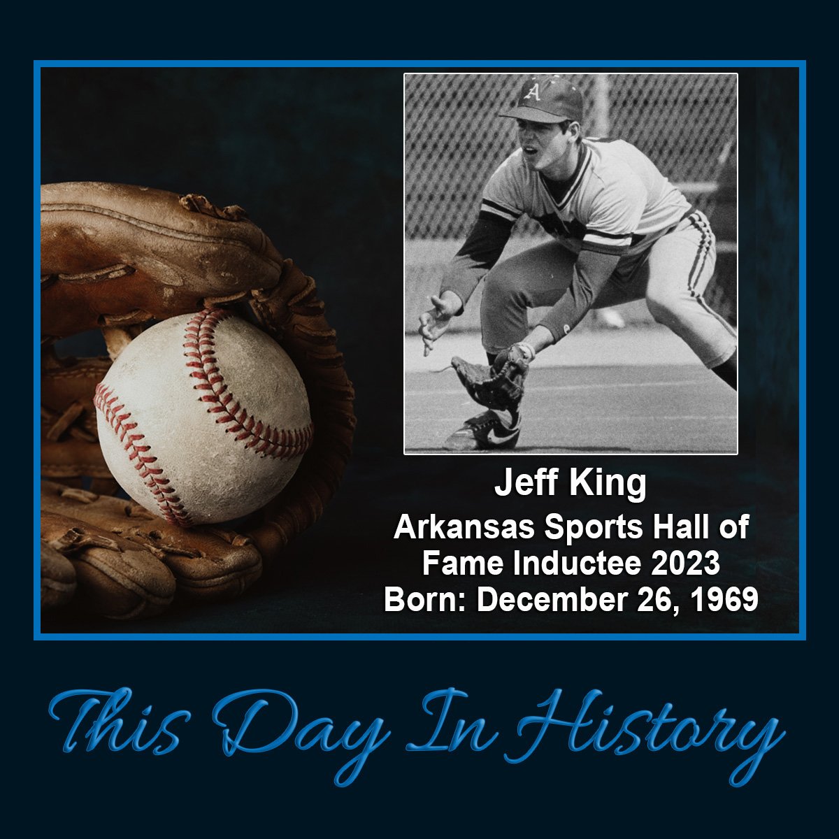 Jeff King still holds the third-highest batting average over an Arkansas career. After his junior year, King entered the MLB Draft and was taken by the Pittsburgh Pirates. He played 11 years at the pro level from 1989-1999. 2023 ASHOF Inductee. @RazorbackBSB @Pirates