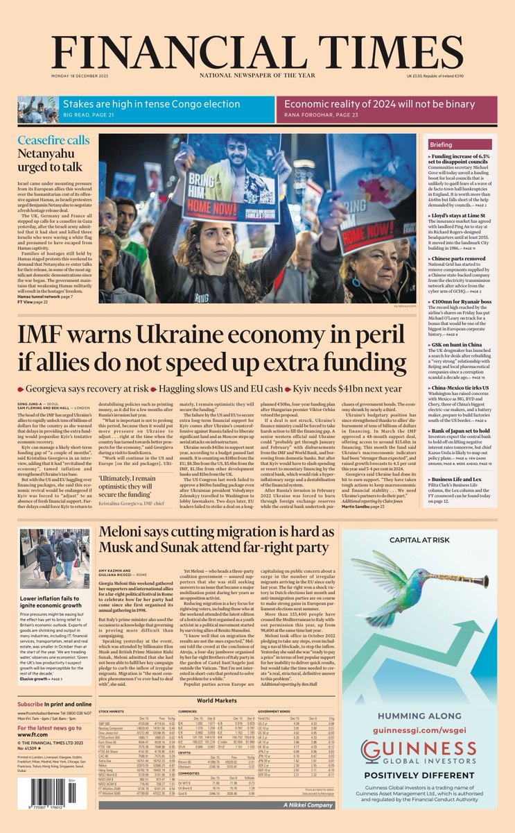 Monday’s FINANCIAL Times: “IMF warns Ukraine economy in peril if allies do not speed up extra funding” #TomorrowsPapersToday