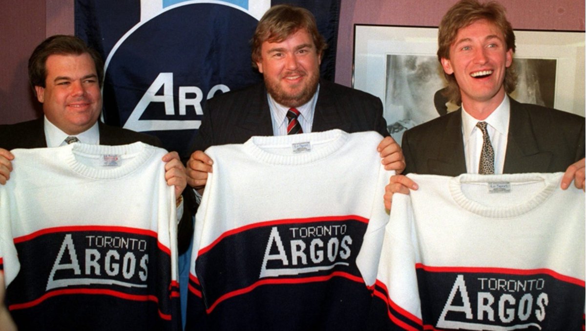 One of the most eclectic groups to ever own a pro football team. Seen here is Bruce McNall, John Candy and Wayne Gretzky, the day in 1991 when they purchased the @CFL's @TorontoArgos.