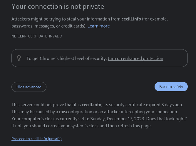 Coucou <a href="/CNRS/">CNRS 🌍</a>, <a href="/Inria/">Inria</a> et <a href="/CEA_Officiel/">CEA</a> !
Le site pour la licence qui porte (presque) mon nom, a son certificat expiré 😢
Possible de redonner un certificat valide à ce site ? 😇
(Les Céciles et CeCILLs sont gentilles !)