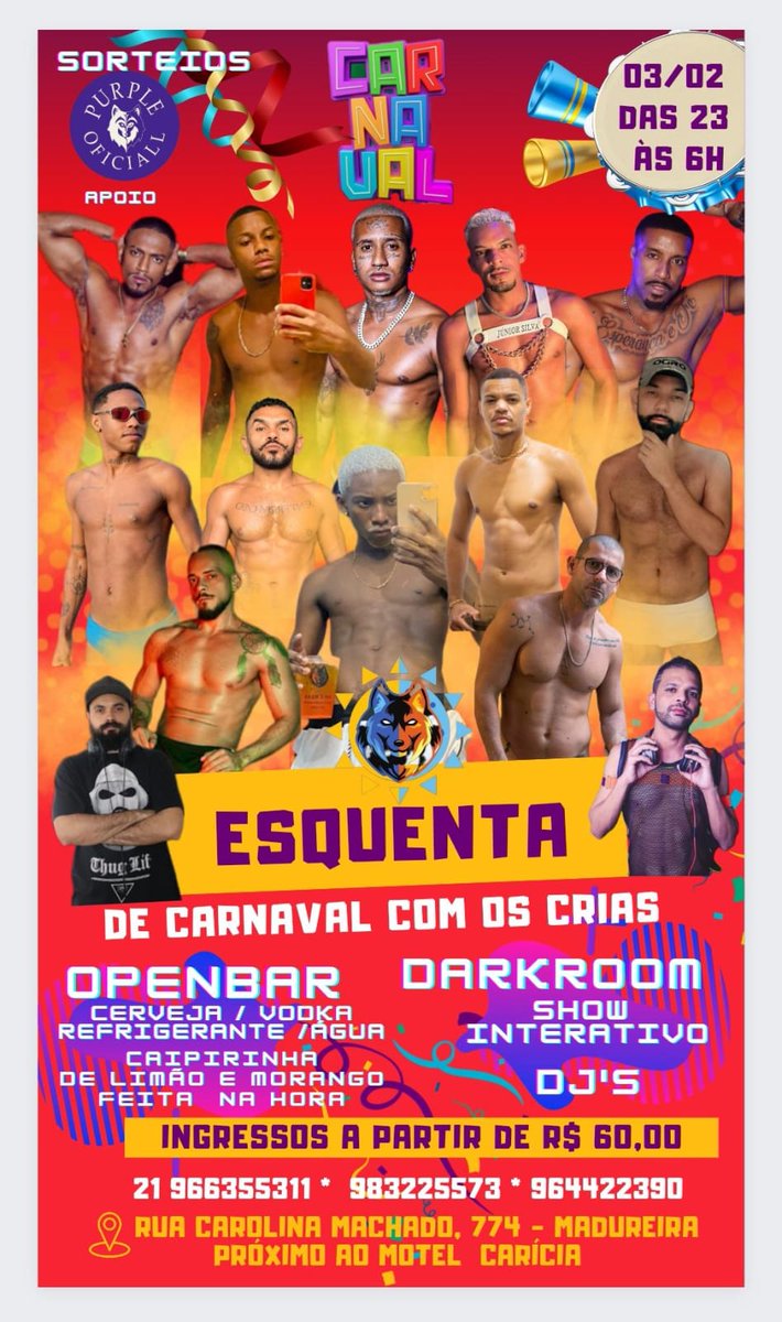 OSCRIAS_TN's tweet photo. Esquenta de Carnaval com Os Crias 03/02/24
@MulatoSeixas @Ben8Luiz
@boyfromrio42 
@robinwolfof @MalhadoC  @purple_oficiall @lelekomariotty 
@OficialOgroXXX @djalkay @DjCimas @junnynnhoo @YuriStar8 
@caiopernalonga 
@lilprinceptk https://t.co/Q9zknJh5s3