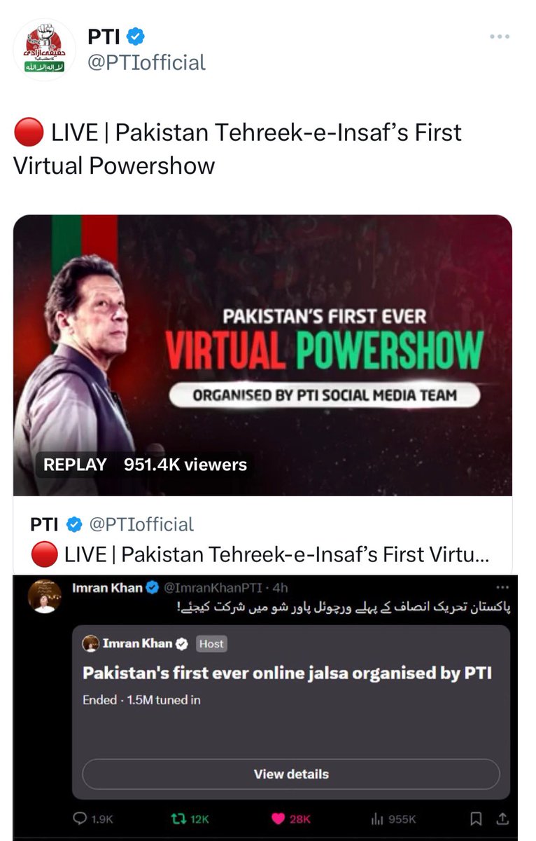 MusaNV18's tweet photo. Some #PTIVirtualJalsa numbers:

▪️1.4 million views on Facebook 

▪️1.2 million views on Youtube

▪️1 million views on Twitter Live streaming 

▪️1.5 million listeners on Twitter space 

▪️4 top trends on Twitter with more than 650 lakh tweets !! 

Imran Ahmed Khan Niazi, the only brand in Pakistan.