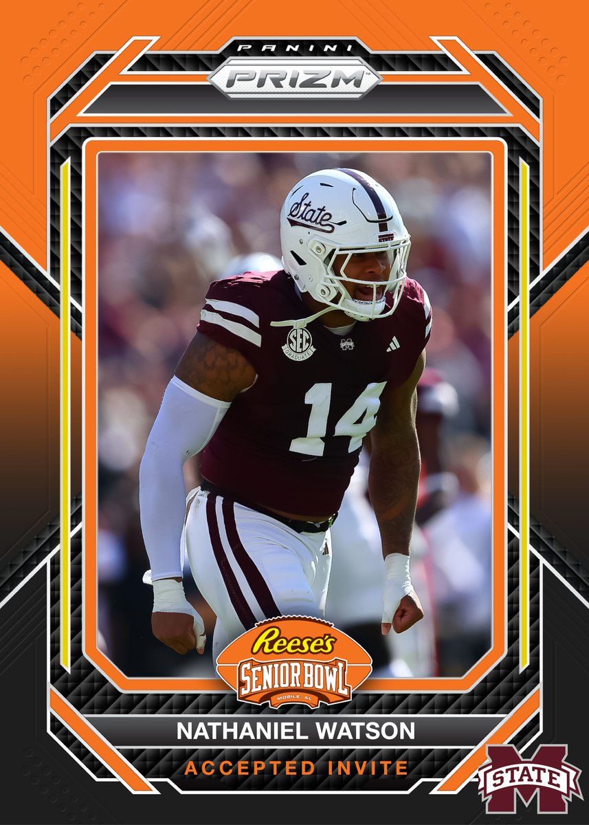 😎 OFFICIAL! Maplesville, AL native LB Nathaniel Watson @Nathaniel_ATH from @HailStateFB has accepted his invitation to the 2024 Reese's Senior Bowl! #HailState #TheDraftStartsInMOBILE™️ @JimNagy_SB @PaniniAmerica #RatedRookie