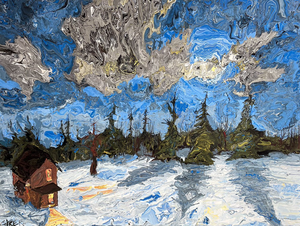 thewhateverist's tweet photo. Living in Maine the cold night burns bright with the moon reflecting off the snow. Zoom in to see the mixing swirling paint no brushes or touching. #art #painting #jonbyrer https://t.co/S0DWp99FS0