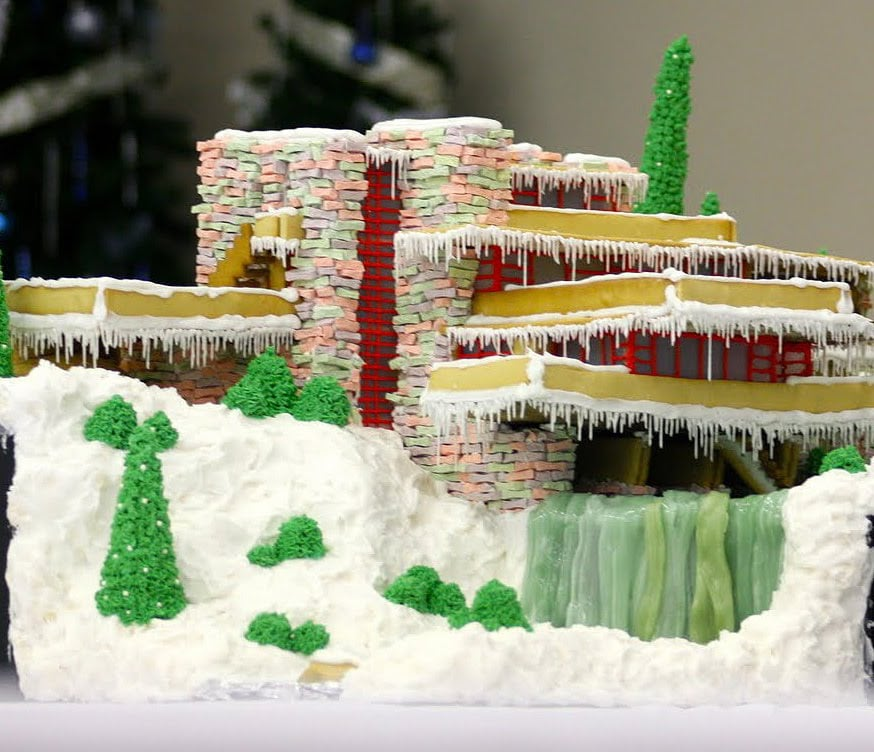 A gingerbread Frank Lloyd Wright Fallingwater house