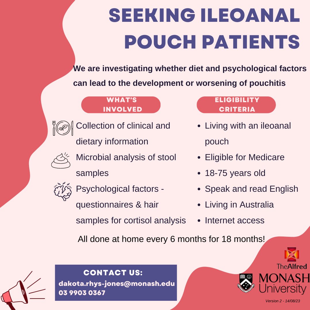 Crohn's & Colitis Australia (@crohnscolitisau) on Twitter photo Living with an ileoanal pouch and are interested in how lifestyle factors such as diet and stress can impact on pouchitis? Researchers at Monash Uni are conducting a trial that takes place at home over 18 months. Please contact Dakota.rhys-jones@monash.edu for more information. Living with an ileoanal pouch and are interested in how lifestyle factors such as diet and stress can impact on pouchitis? Researchers at Monash Uni are conducting a trial that takes place at home over 18 months. Please contact Dakota.rhys-jones@monash.edu for more information.