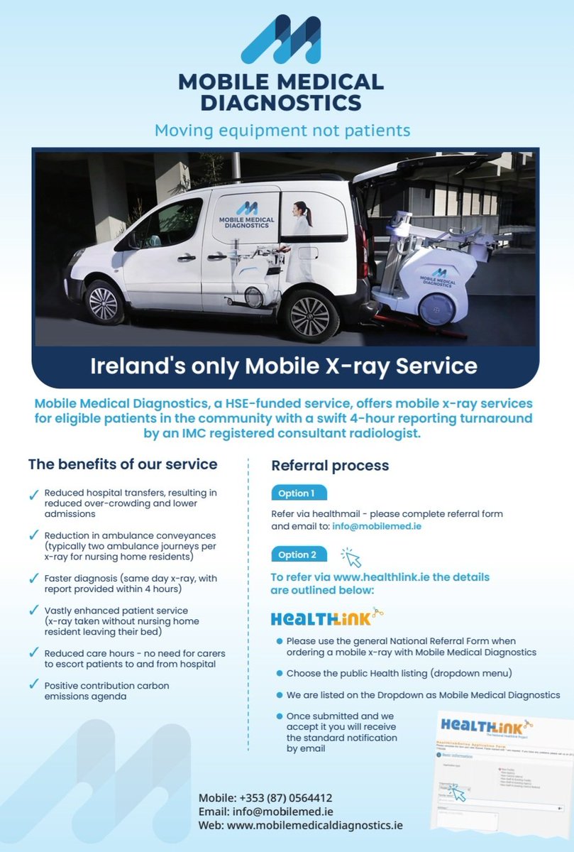 @thecontel @HSELive Free service launched by HSE @CHO2west across #Galway #Mayo #Roscommon to help older people have an x-ray in their nursing home or residence and ultimately avoid A&E. A GP referral is required. @des_mulligan @saoltagroup @slaintecare @BernardGloster @MaryButlerTD @ICPOPIreland