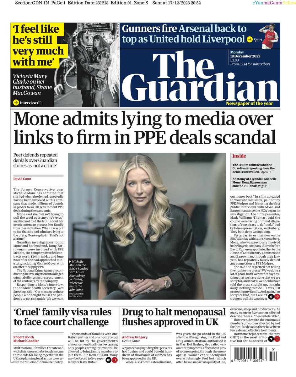 Monday’s GUARDIAN: “Mone admits lying to media over links to firm in PPE deals scandal” #TomorrowsPapersToday