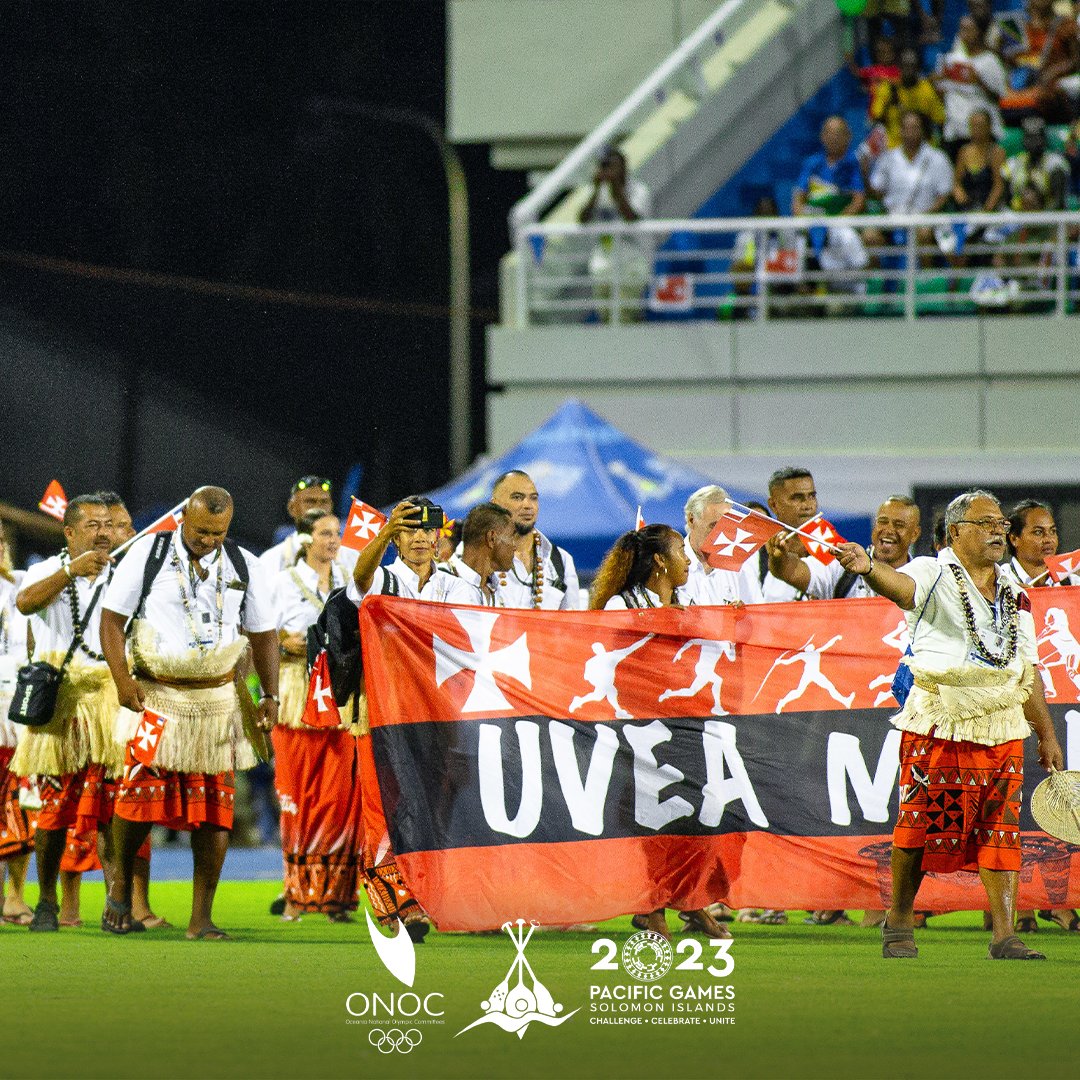 oceaniaolympic's tweet photo. Team Wallis and Futuna during their arrival at the opening ceremony of the #SOL2023PacificGames in Honiara. #Sol2023 #OceaniaTogether #PacificGames https://t.co/VG6VpeRo5B