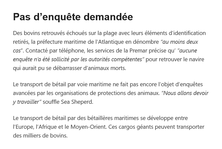 La mer a déposé des cadavres de vaches sur des plages du Finistère. Probablement jetées par-dessus bord depuis des cargos-poubelles qui naviguent durant des jours de l'Europe vers l'Afrique. Les autorités maritimes ne semblent pas très curieuses.

france3-regions.francetvinfo.fr/bretagne/finis…