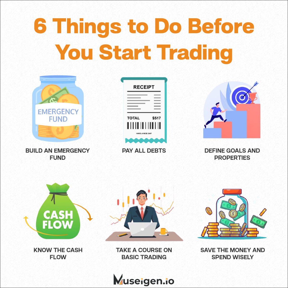 Before you moonwalk into crypto, tick off these 6 must-dos! Prepare for profit & dodge digital dilemmas. Master the market & let your crypto-portfolio soar. 

#LearnWithMuseigen #MuseigenIO #MotivationMonday #TradingTips #TraningStrategy #InvestmentJourney #MarketKnowledge