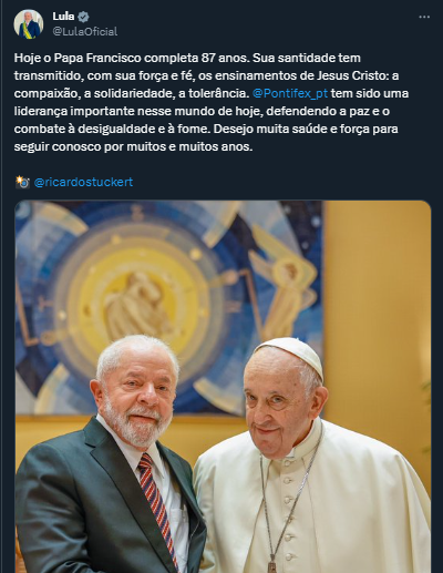 Lula parabeniza papa Francisco pelos 87 anos: “Liderança