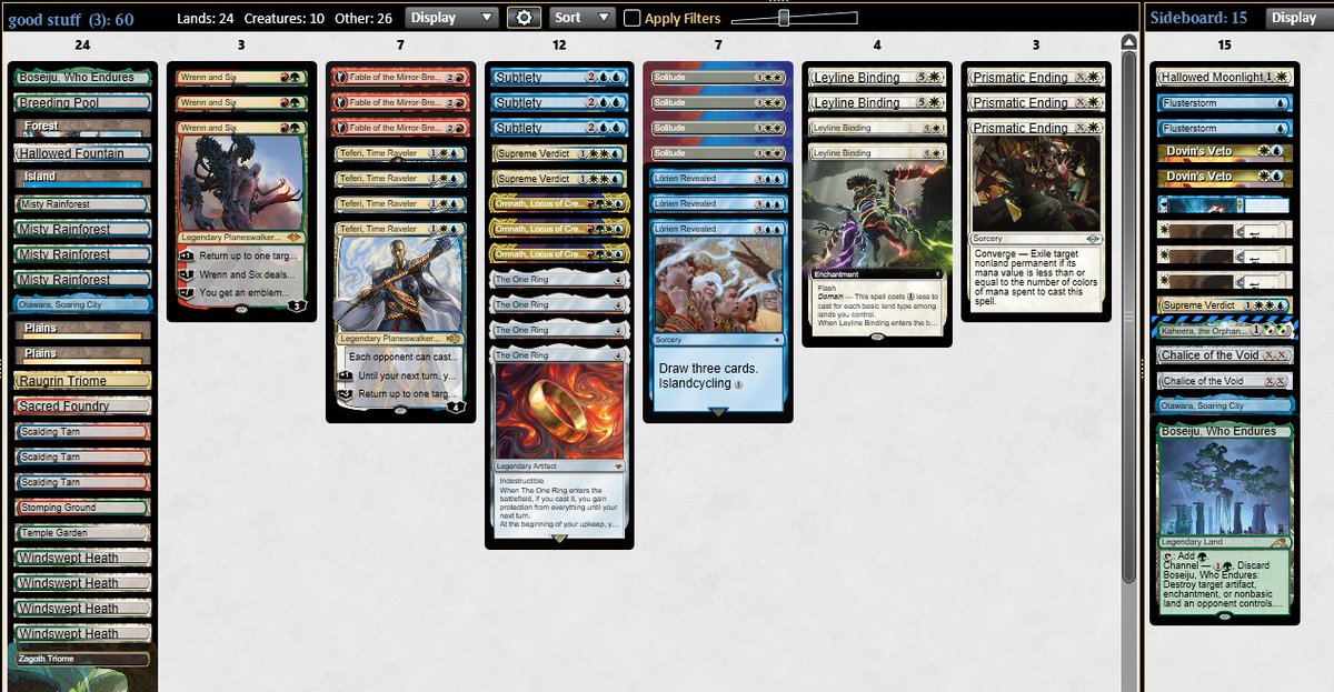 First league after a while and 5-0'd with 4c! Liking this build with Subtlety + Fable lock and going harder on the control plan with Verdicts. Also enjoy having at least 1 Otawara in the main for Wrenn loops. 
<a href="/fireshoes/">Robert Taylor🔥</a>
