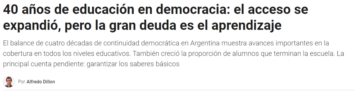 Estuve conversando con Alfredo Dillon para <a href="/infobae/">infobae</a>, junto a otros colegas especialistas en educación. ¿Qué balance hacemos de la educación en estos 40 años de democracia y cuáles son las deudas y desafíos a resolver por delante?

Aquí la nota:
infobae.com/educacion/2023…