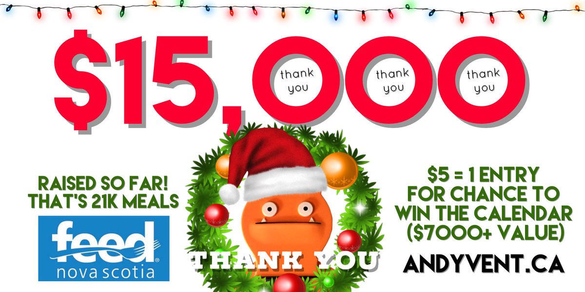 ANDYVENT MILESTONE!
21,000 meals for Nova Scotians in need in 2024 🥳
My thanks to all those who’ve donated so far, anyone who has shared 🎄AndyVent.Ca🎄with others &amp; so many amazing local businesses! 🎅🏻 
Local Supporting Local
#FeedTheNeed
LESS THAN 7 DAYS REMAINING