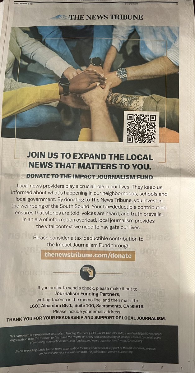 PaulGrondahl's tweet photo. So, it has come to this. Begging for donations to keep alive the local newspaper where I first worked to help pay for college. @thenewstribune @mcclatchy hits the panic button. Who will be next? Sad state of affairs. #savelocaljournalism https://t.co/LpdrsDRE3l