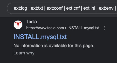 TakSec's tweet image. My Top 2 Google Dorks

🐘 PHP 
ext:php inurl:? site:example[.]com

🤫 Juicy Extensions 
ext:log | ext:txt | ext:conf | ext:cnf | ext:ini | ext:env | ext:sh | ext:bak | ext:backup | ext:swp | ext:old | ext:~ | ext:git | ext:svn | ext:htpasswd | ext:htaccess site:example[.]com