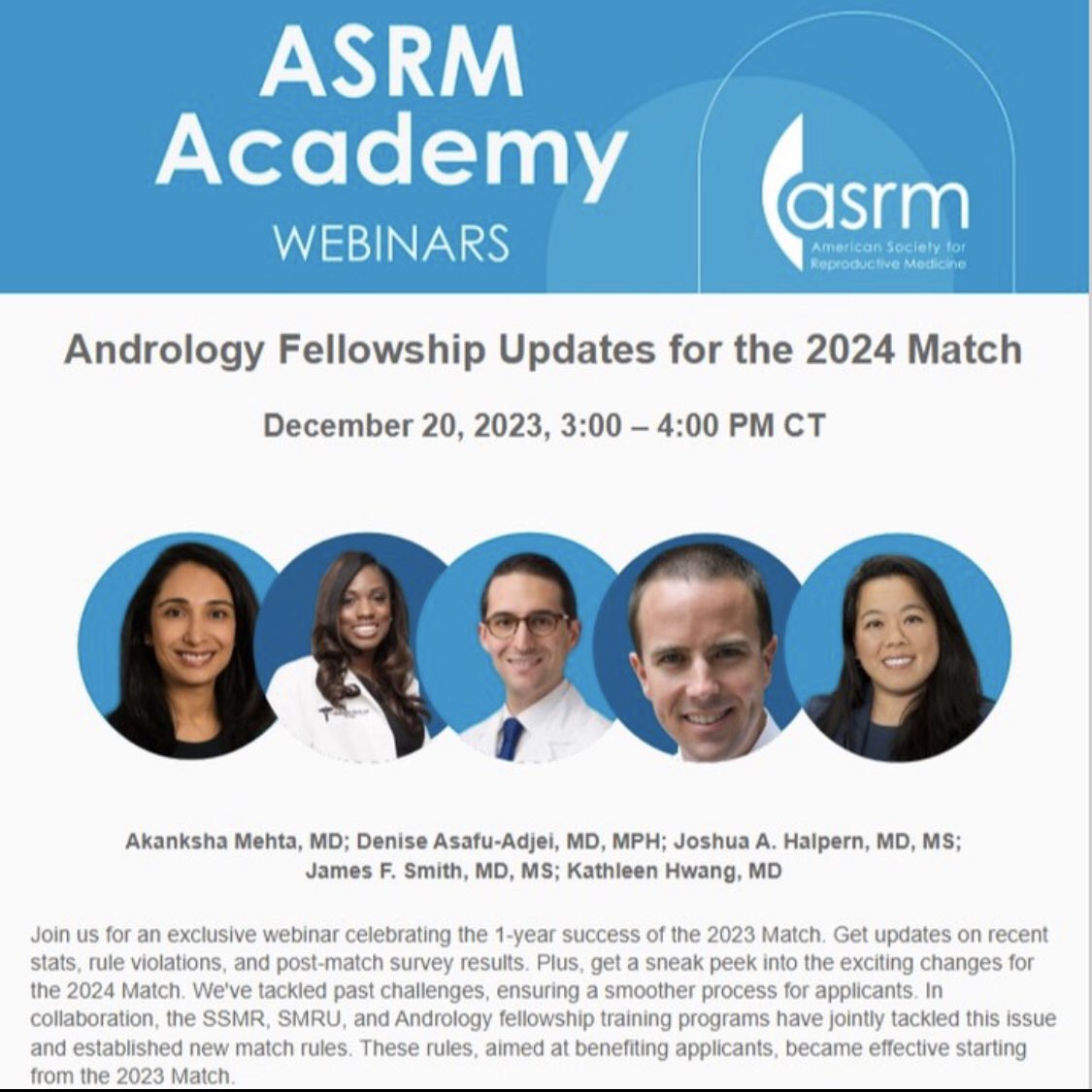 Find out about this years andrology match on December 20th. Register at asrm-org.zoom.us/webinar/regist…