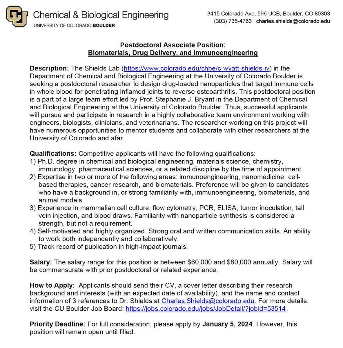 We're hiring! 🚨 My group has a new postdoc position (with reasonable pay) in cell-targeting biomaterials for reversing osteoarthritis as a part of a large collaborative effort @CUBoulder. Priority date is January 5. Email me directly if interested. RTs appreciated! 🙏