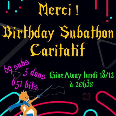 Merci pour vos dingueries mes loulous durant mon subathon caritatif à l'occasion de mon anniversaire
GIVEAWAY lundi 18/12 20h30 sur twitch pour vous remercier de votre folie et on enchainera à 21h avec la @geeknightfr sur Geek World :)
#streamfr #charity #live #twitch #streamer