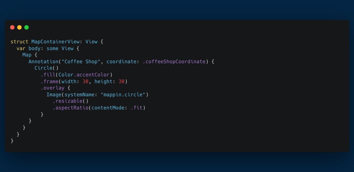 brunolorenzop's tweet image. If you&apos;re working with MapKit and want to have full control over the pin components UI, use Annotations instead of Markers

#swiftui #iosprogramming #mapkit