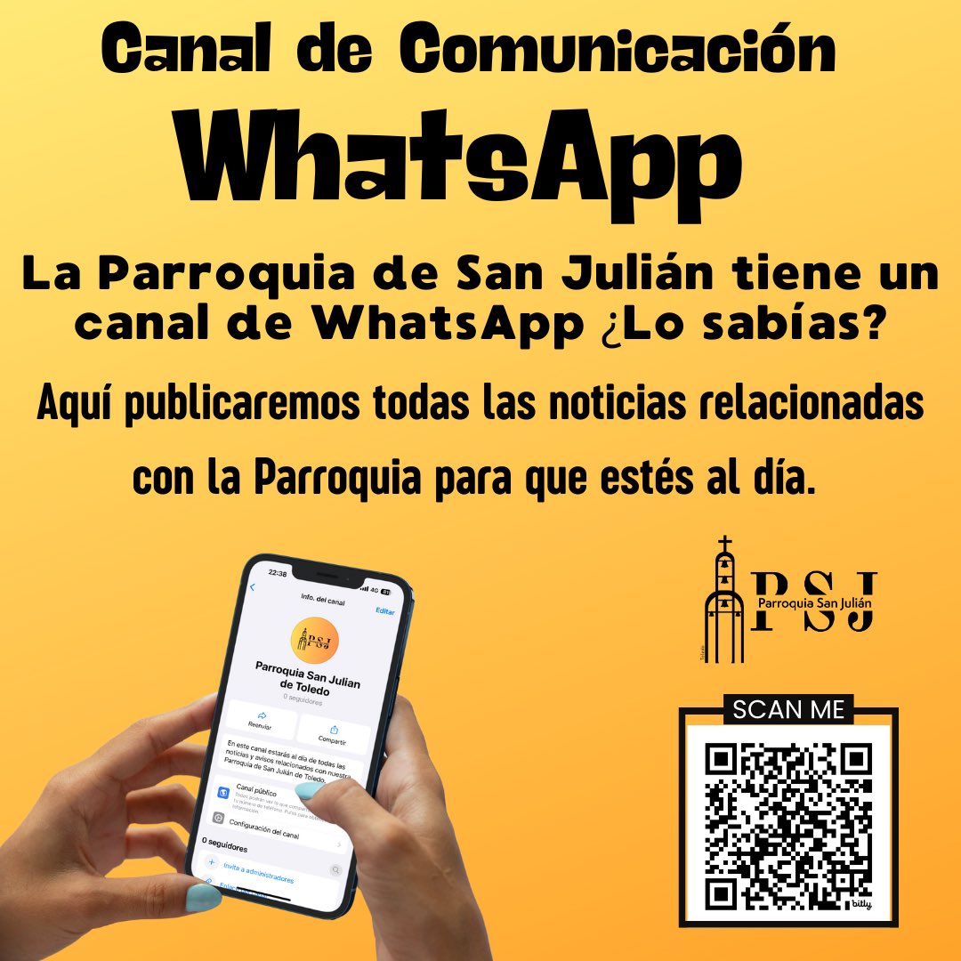 👋🏼 ¡Hola a todos y bienvenidos al nuevo canal de Whatsapp de la Parroquia de San Julián!

📲 ¡Accede y comparte el enlace: bit.ly/CanalWhatsAppP… e invita a tus amigos y familiares para que se unan! ¡Aquí cabemos todos! 

#YoSoyParroquiaSanJulián