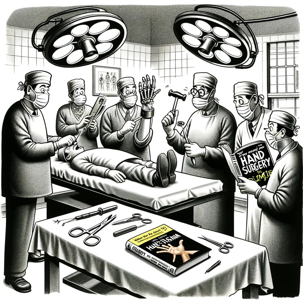 ThatHandDoc's tweet image. Dalle 3 + Chat GPT make a comic about hand surgery:

&quot;The humor in this cartoon stems from the absurdity of surgeons using comically inappropriate tools for hand surgery, like a magnifying glass and oversized scissors, and one reading &quot;Hand Surgery for Dummies.&quot; The…