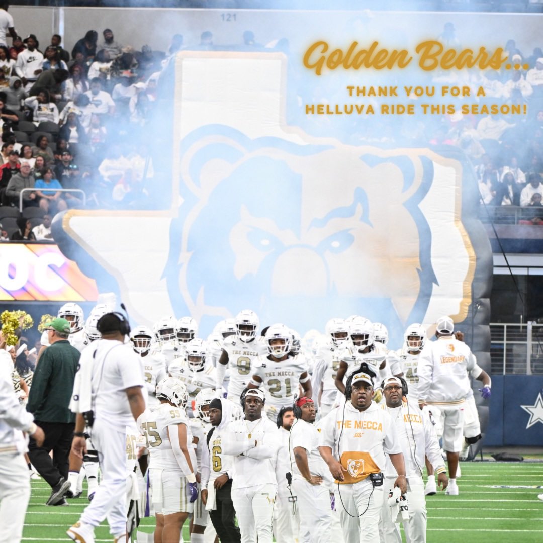 Coach @cjtodd2021, all @socgoldenbearfb Coaches, Staff and Players…THANK YOU for an INCREDIBLE 2023 season!

Pics for graphic courtesy of @dallas_athletics 

#themecca 
#goldenbeargreatness
#socfootball🏈 
#socathletics