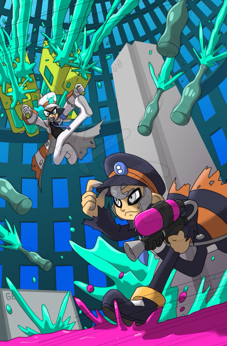 Yay! I can finally show my page for the @/destunownzine mine was an AU of submas in the Splatoon world :)