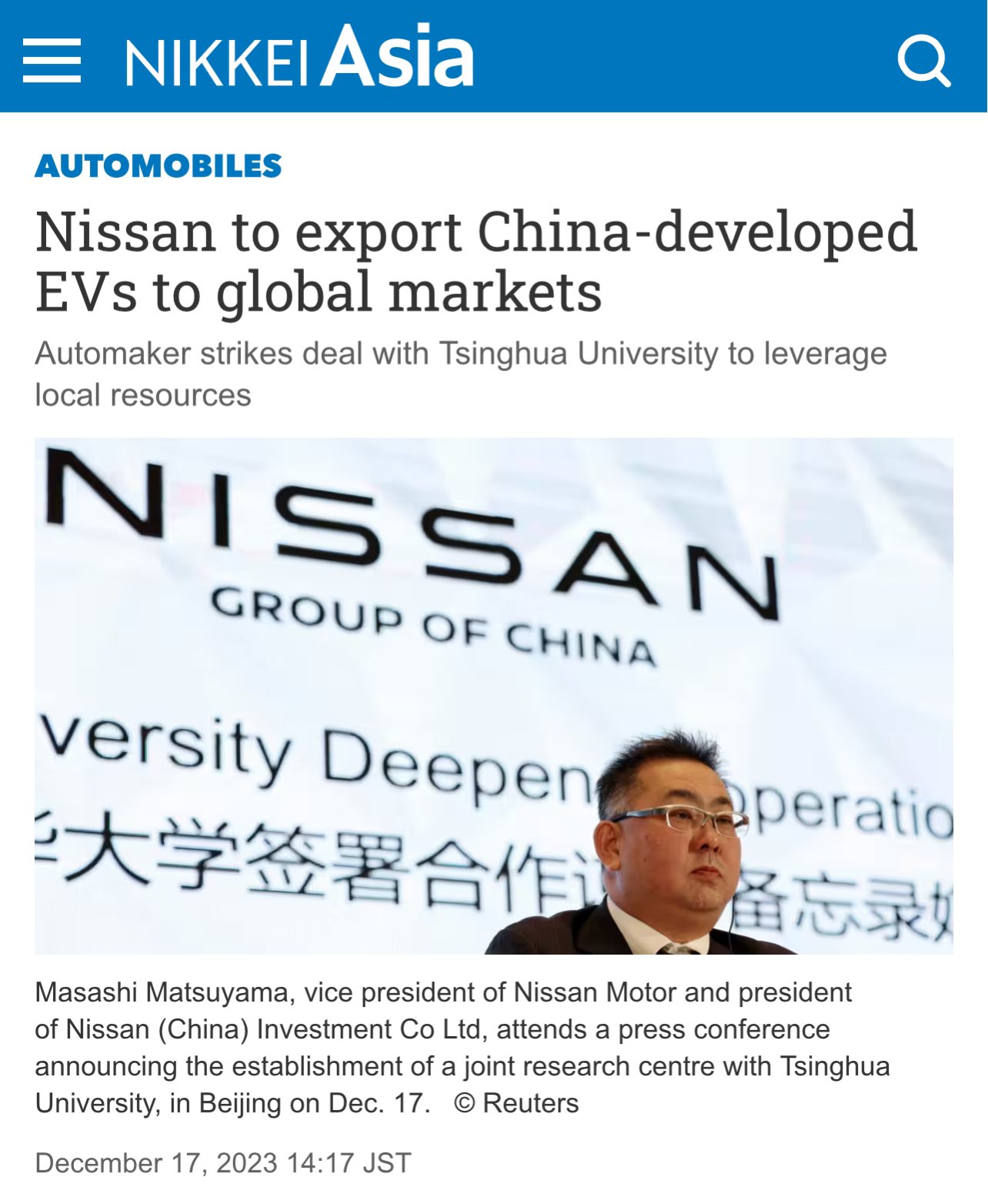 Nissan to export China-developed EVs to global markets