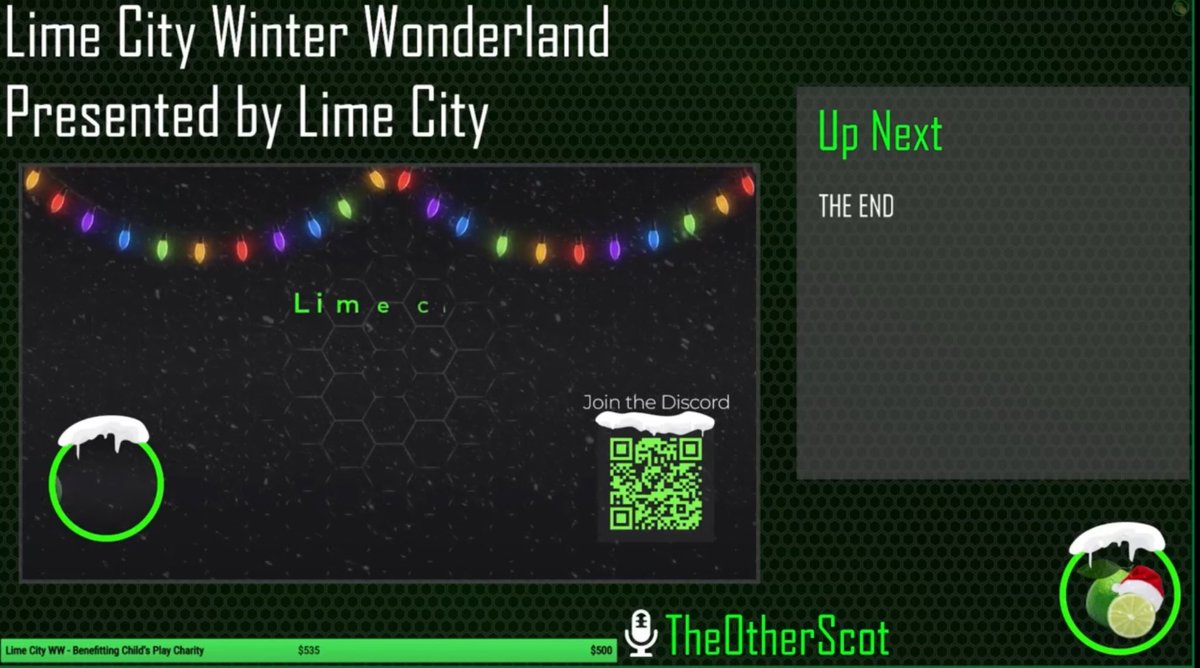 Lime City Winter Wonderland is finally finished! 3 days of non stop speedrunning and we raised over $500 for <a href="/CPCharity/">Child's Play Charity</a> 

Shoutouts to all the runners, commentators, donators and people in the background that made this event possible. It was truly an honor to help host this event