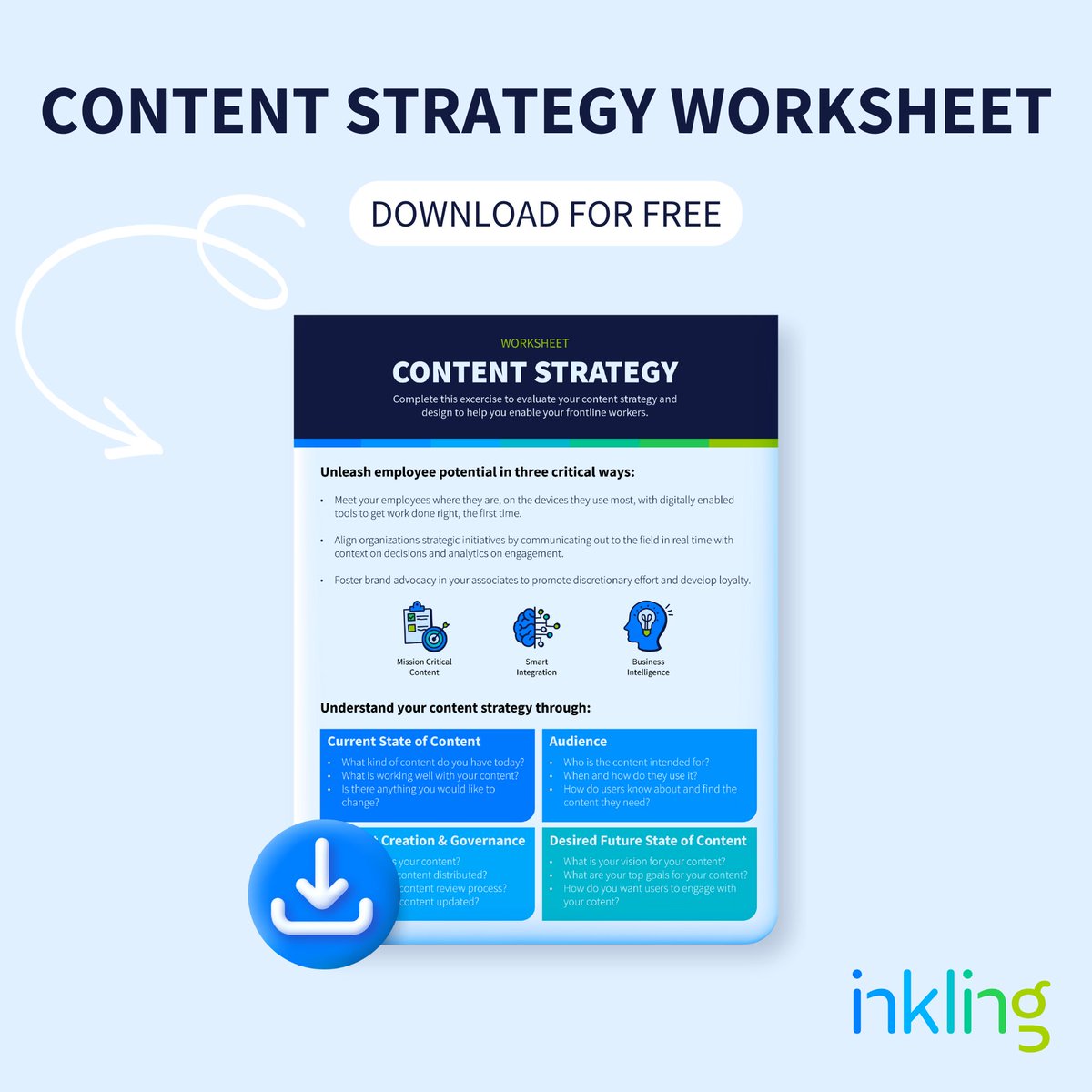 inkling's tweet image. ICYMI: Elevate your content game with our #ContentStrategy Worksheet! Craft engaging, personalized content for #frontlineworkers that&apos;s easy to follow and impossible to forget. Get it now for impactful visuals and straight-to-the-point info! bit.ly/41nZMqR