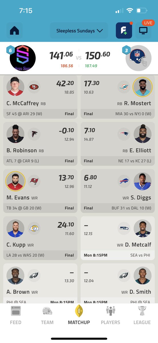 LeagueNaptown's tweet photo. With 1 point projected. Playoff matchup living up to the hype https://t.co/j3KfiFHOfx
