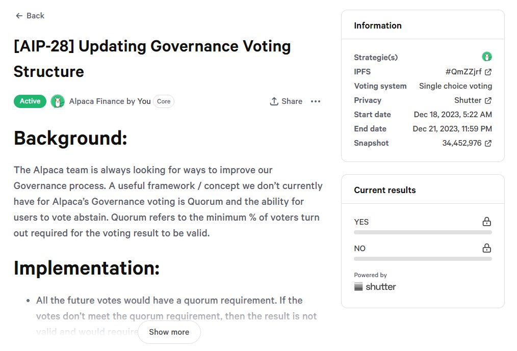 [AIP-28] Transitioning the Governance Vault is now live for voting ⏰You have until 11.59PM UTC Thursday, December 21st to vote 🗳️Vote now: snapshot.org/#/alpacafinanc… #Governance #DeFi #BNB #BNBChain